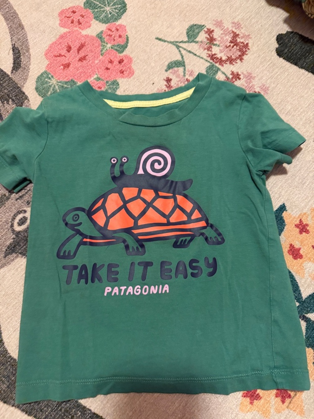 Patagonia Green Kids Tee with Turtle & Snail Graphic